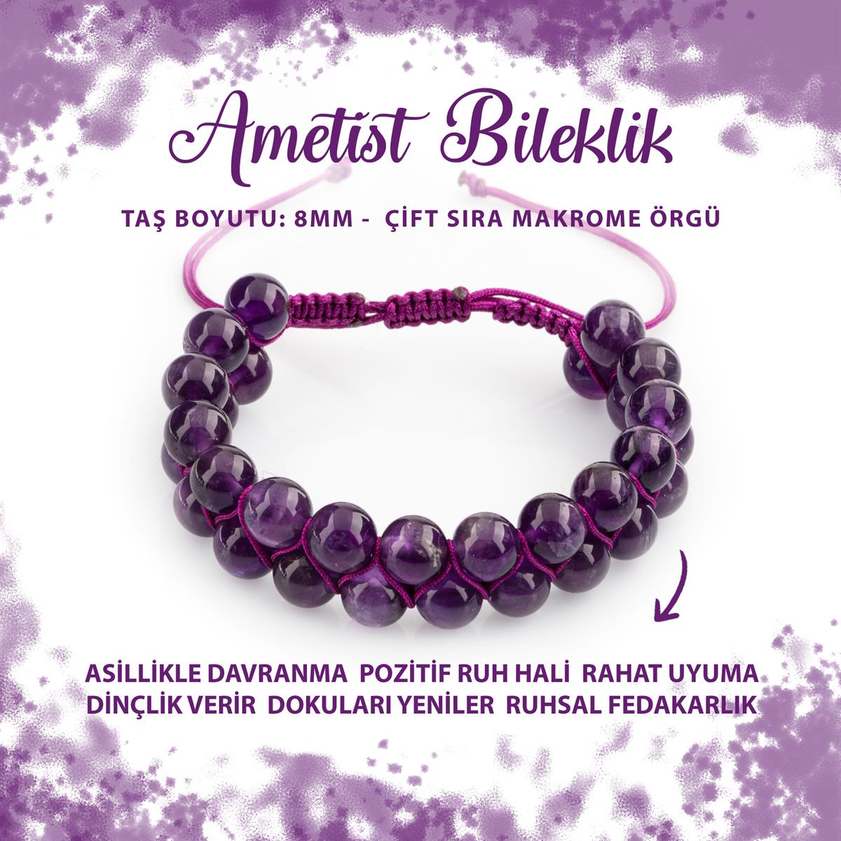 SERTİFİKALI Ametist 8mm Çift Sıra Makrome Doğal Taş Bileklik