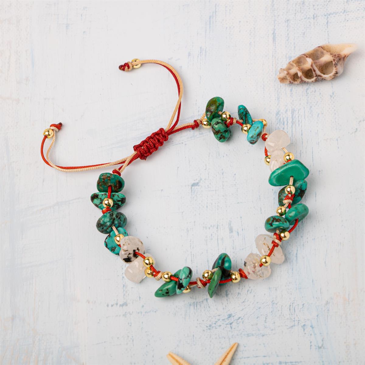 SERTİFİKALI ORJİNAL HAKİKİ TURKUAZ (FİRUZE) &amp; AY TAŞI DOĞAL TAŞLI ÇİFT RENKLİ İP MAKROME BİLEKLİK