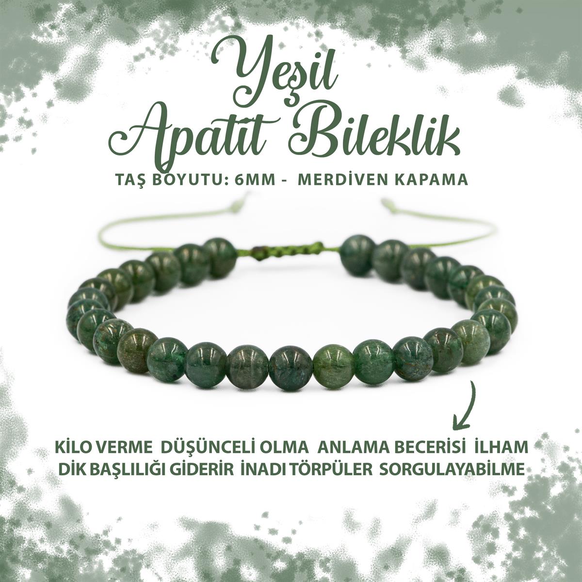 SERTİFİKALI Yeşil Apatit 6mm Merdiven Kapama Doğal Taş Bileklik