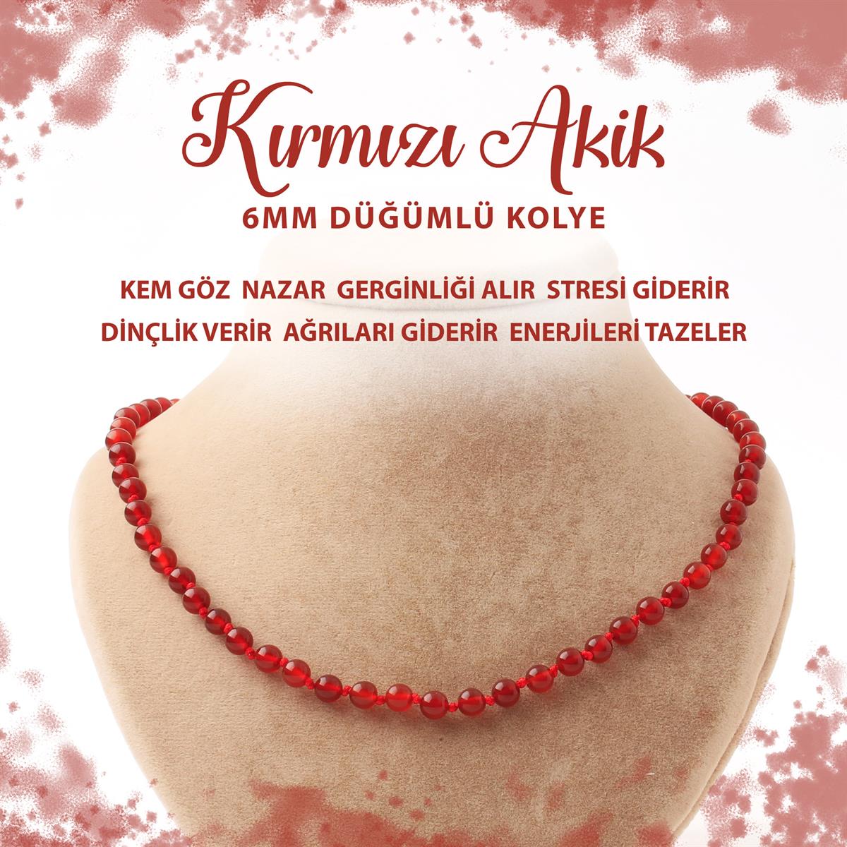 SERTİFİKALI Kırmızı Akik 6 mm Düğümlü Doğal Taş Kolye