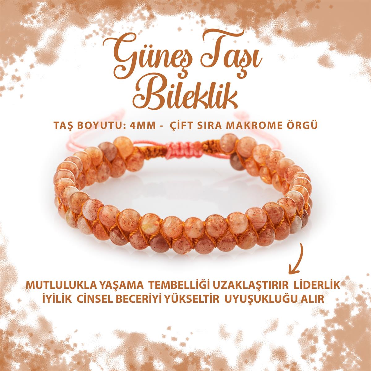 SERTİFİKALI Güneş Taşı 4mm Çift Sıra Doğal Taş Bileklik