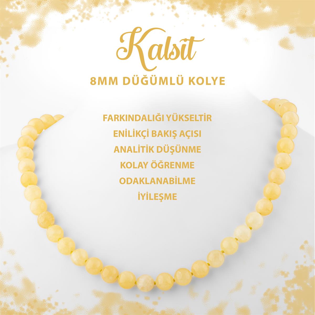 SERTİFİKALI Kalsit 8 mm Düğümlü Doğal Taş Kolye