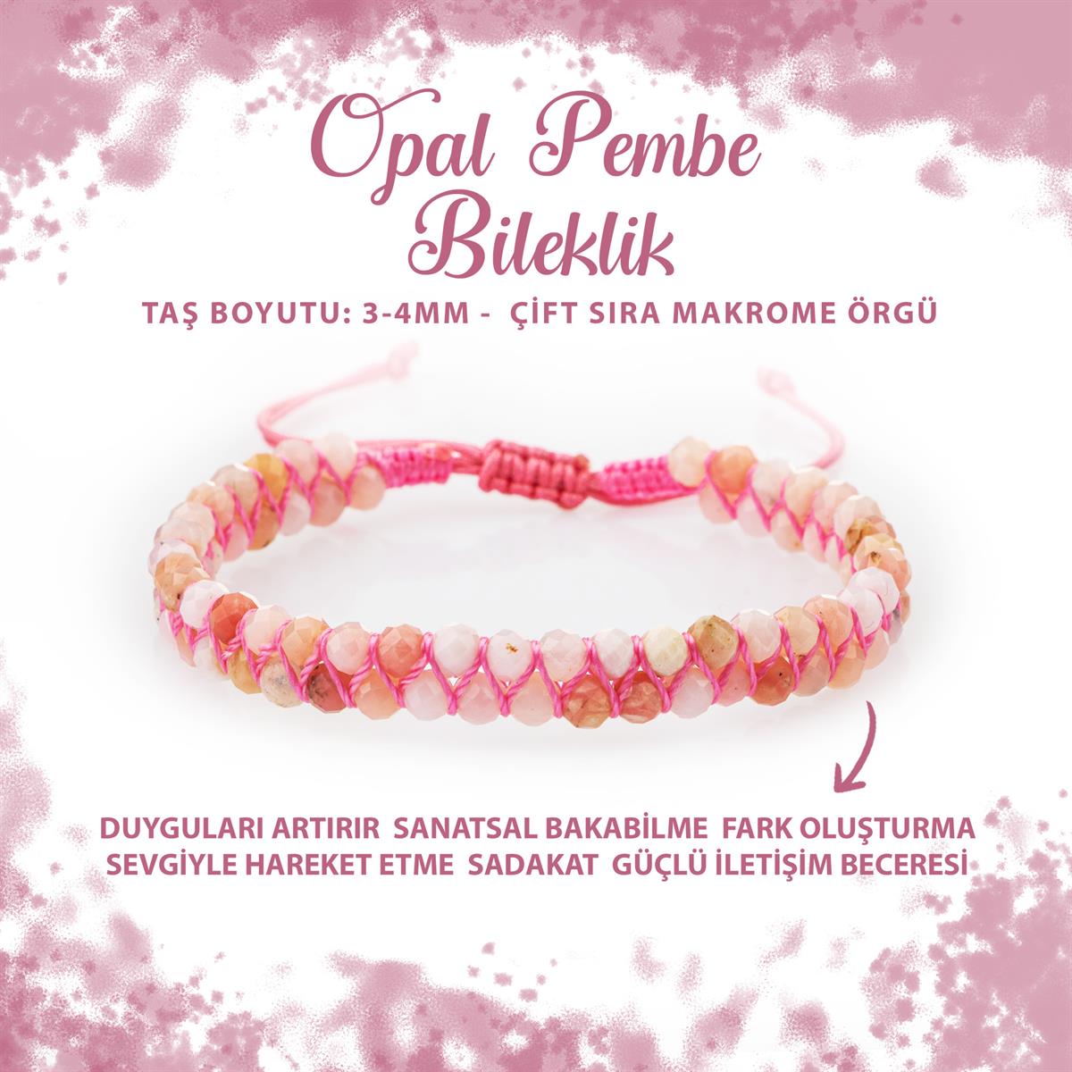 SERTİFİKALI Opal Pembe 3-4mm Çift Sıra Doğal Taş Bileklik