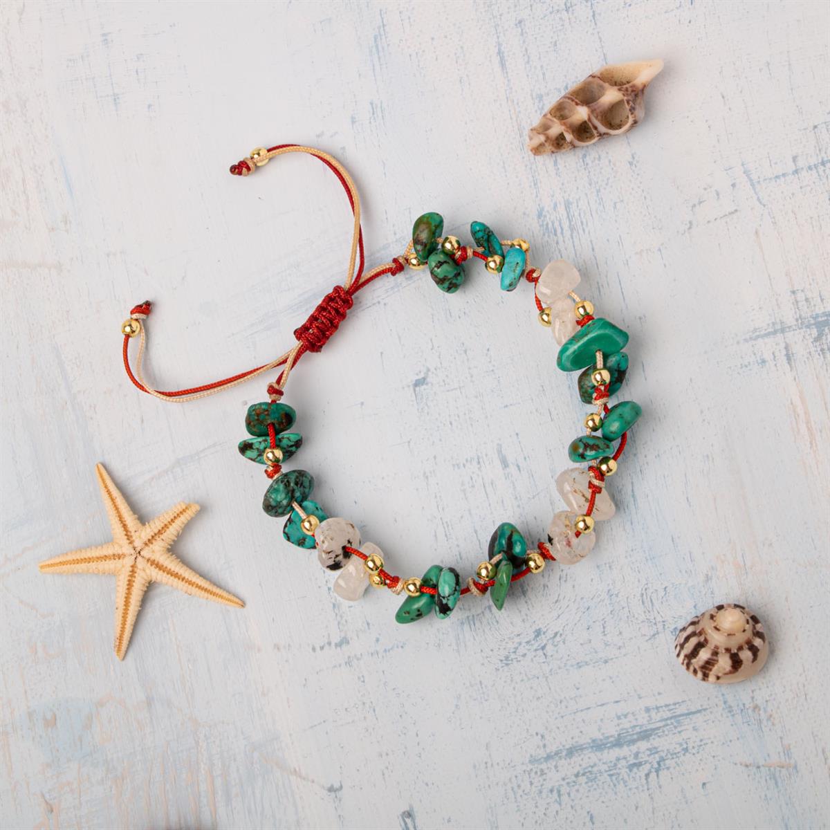 SERTİFİKALI ORJİNAL HAKİKİ TURKUAZ (FİRUZE) &amp; AY TAŞI DOĞAL TAŞLI ÇİFT RENKLİ İP MAKROME BİLEKLİK