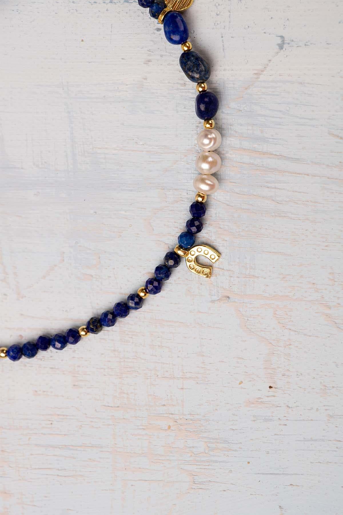 Sertifikalı Doğal Taş Lapis Lazuli - İnci 925 Ayar Şans Halhalı