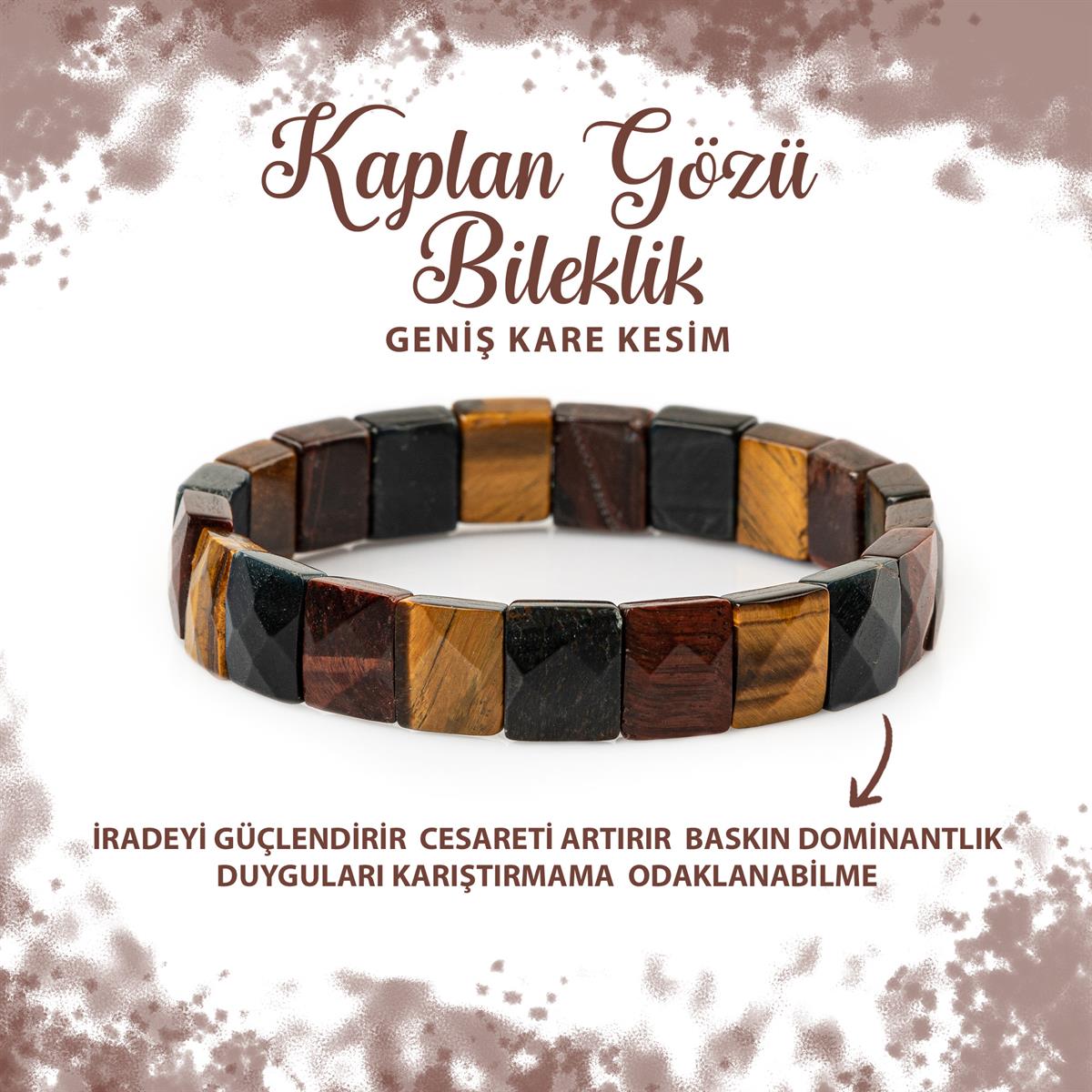 SERTİFİKALI Kaplan Gözü Doğal Taş Kare Kesim Geniş Kesim Bileklik