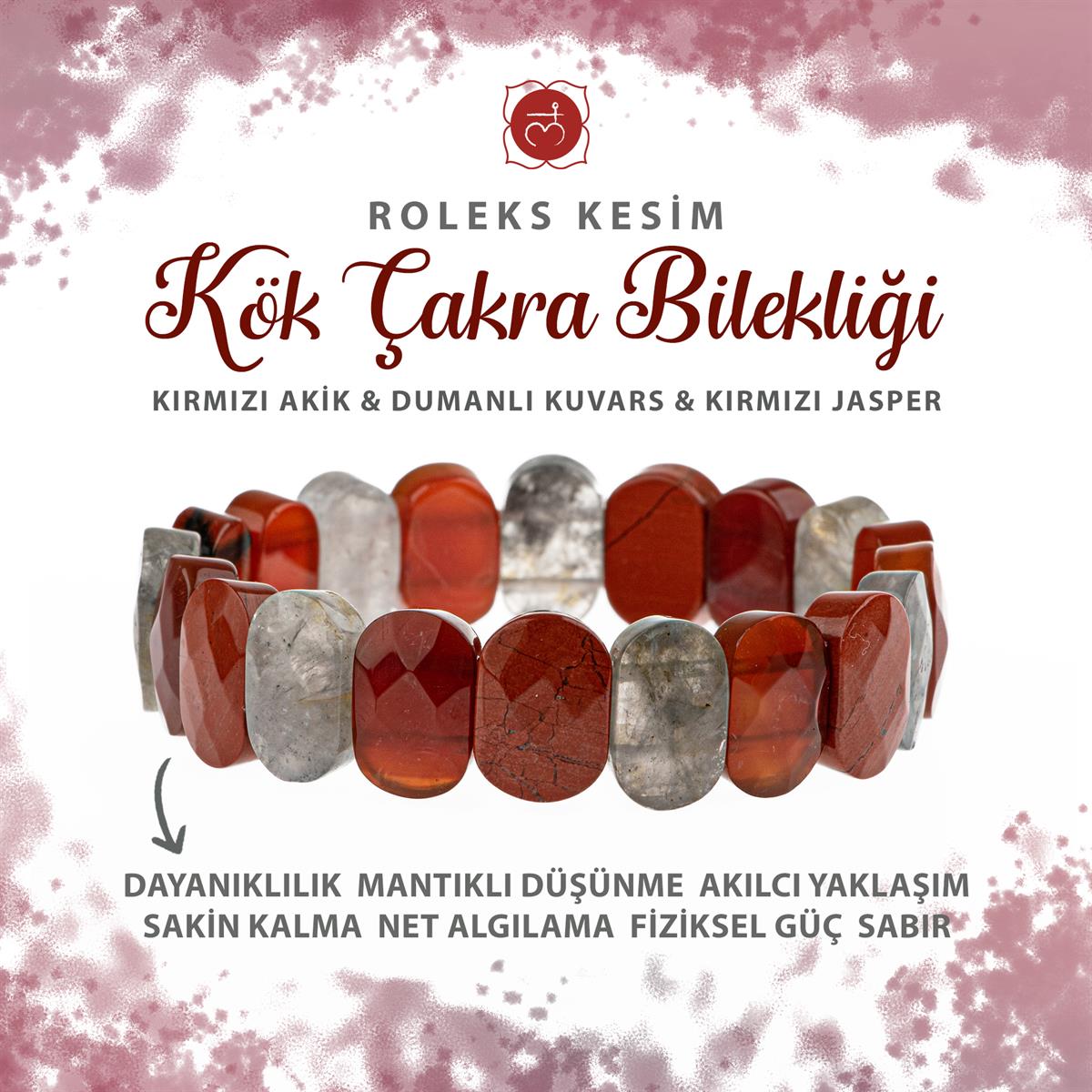 SERTİFİKALI Kök Çakrası Doğal Taş Geniş Kesim Bileklik
