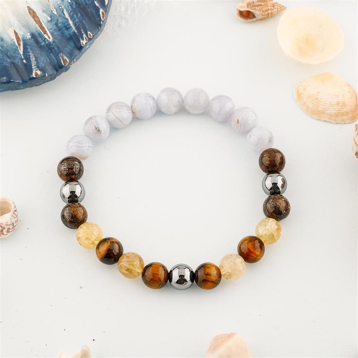 SERTİFİKALI İyimserlik Doğal Taş Bileklik Kalsedon Bronzit Sitrin Kaplan Gözü Trehartz 8mm B0013