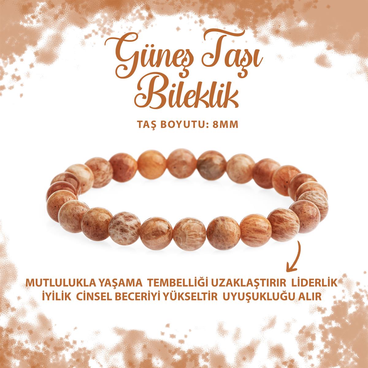 SERTİFİKALI Güneş Taşı 8mm Doğal Taş Bileklik