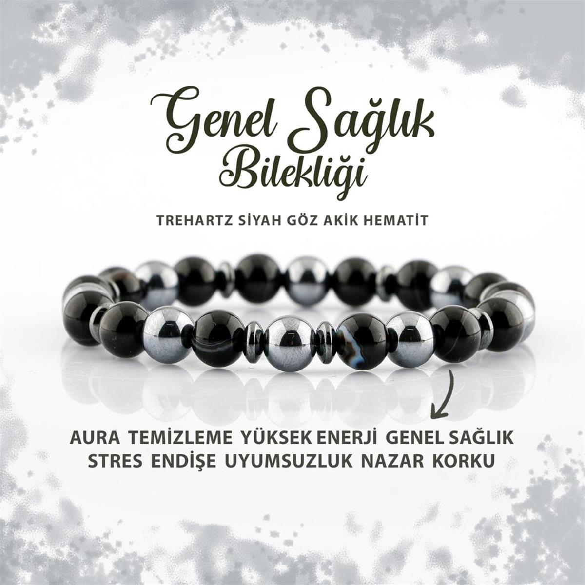 SERTİFİKALI Genel Sağlık Doğal Taş Bileklik Trehartz Göz Akik Hematit 8mm B0011