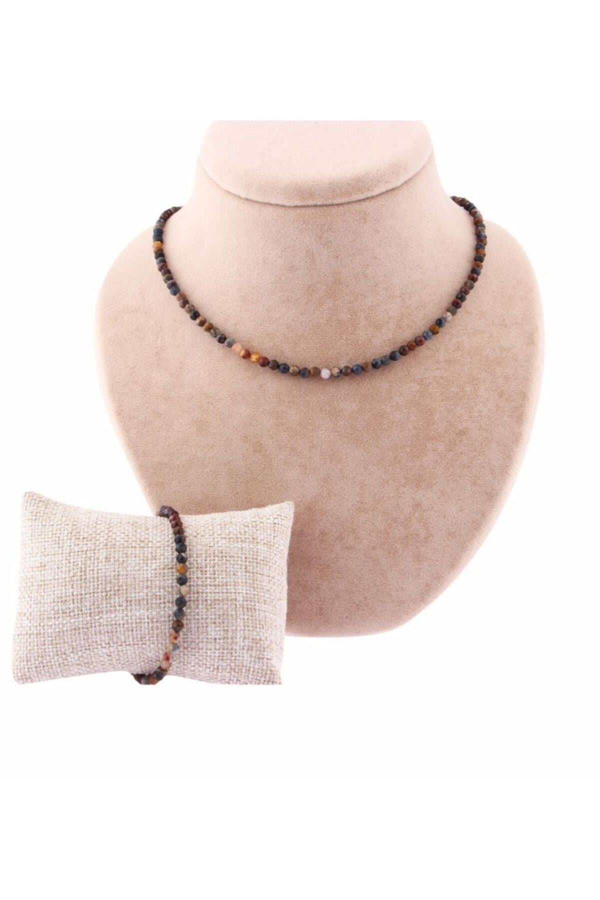 SERTİFİKALI Pietersite Taşı  Orjinal ( Taşlar) Doğaltaş Kolye-Bileklik Takımı-3-4MM TS014