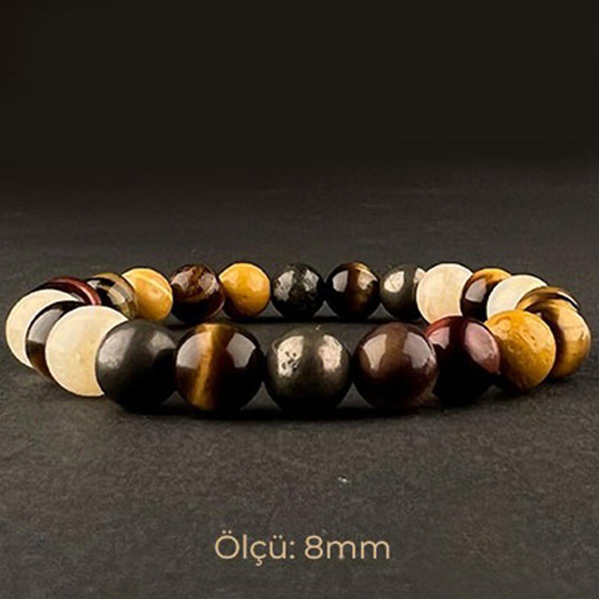 SERTİFİKALI Jasper, Pirit, Sitrin, Kaplan Gözü  Orjinal ( Taşlar) Doğaltaş Bileklik 8 mm