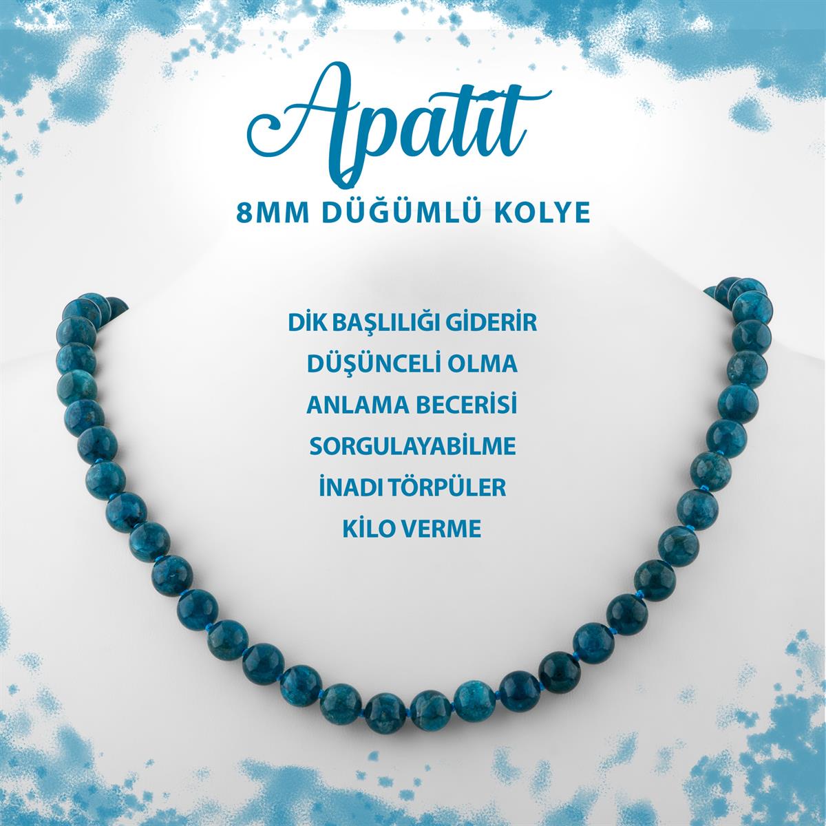 SERTİFİKALI Mavi Apatit 8 mm Düğümlü Doğal Taş Kolye