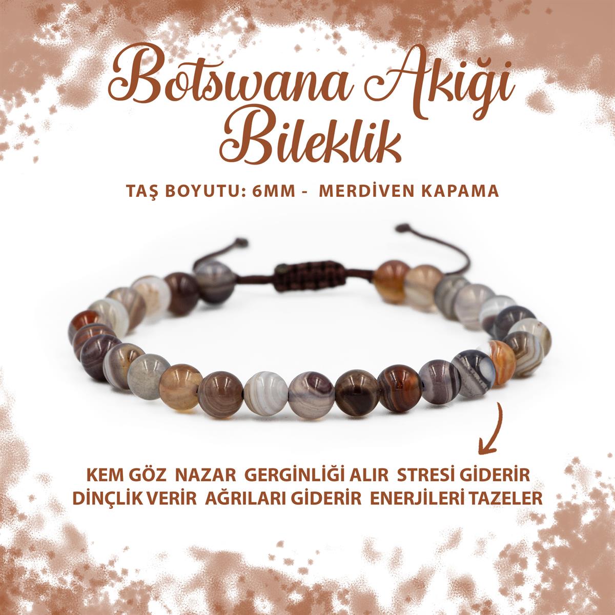 SERTİFİKALI Botswana Akiği 6mm Merdiven Kapama Doğal Taş Bileklik