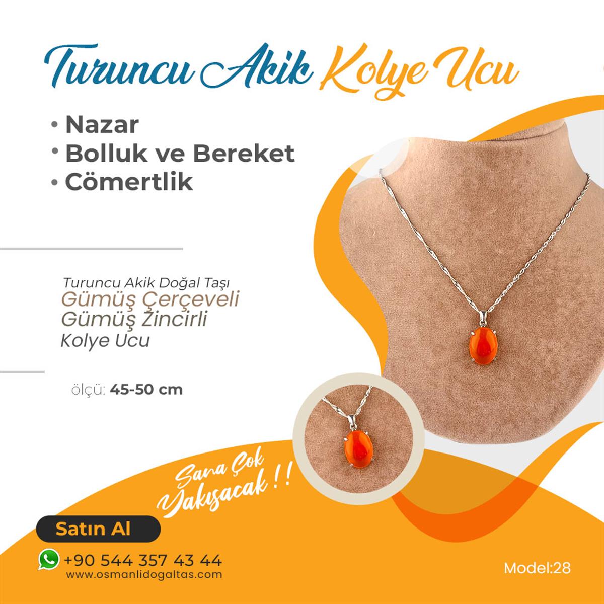 SERTİFİKALI Turuncu Akik  Orjinal ( Taşlar) Doğaltaş Kolye Ucu, Gümüş zincirle birlikte KU035