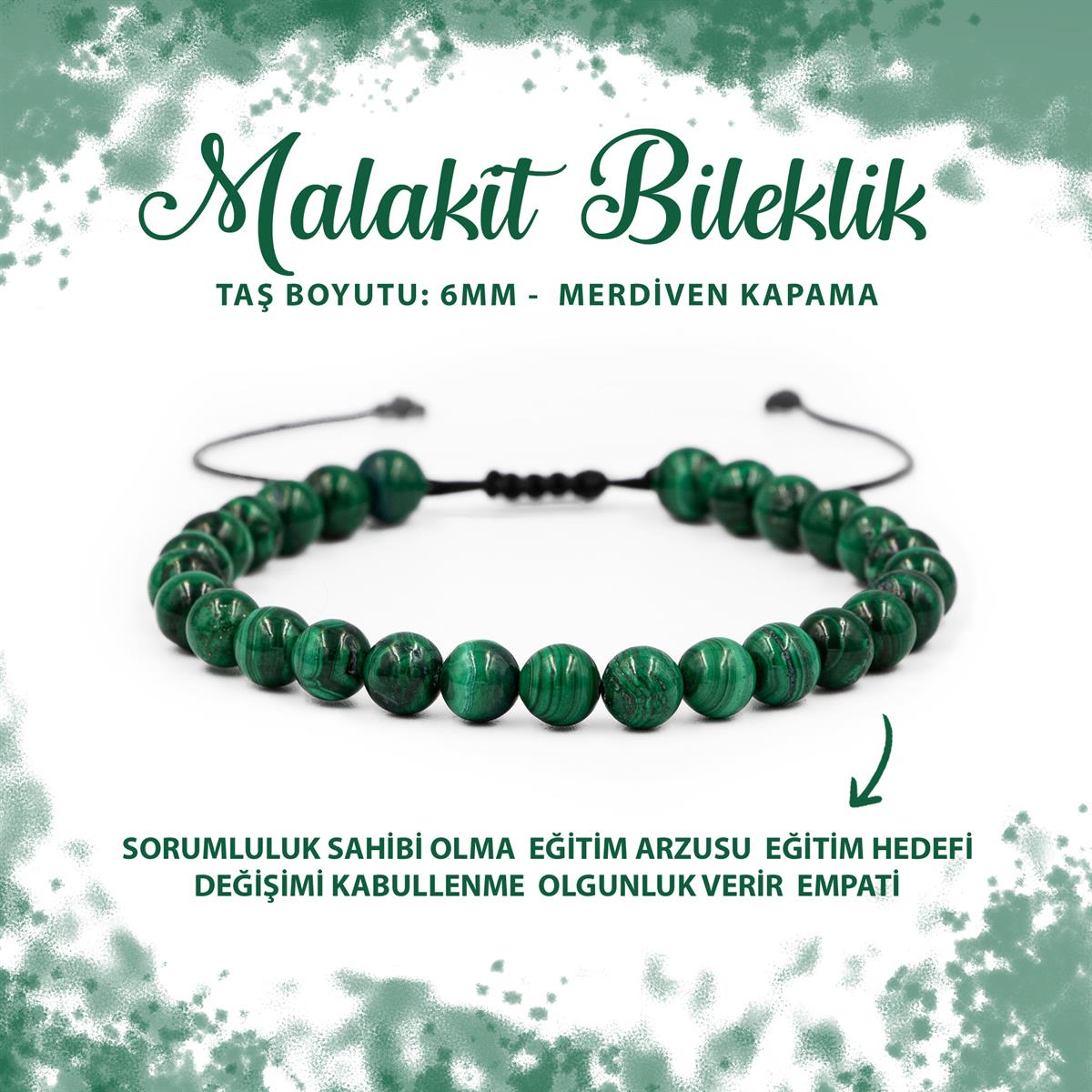 SERTİFİKALI Malakit 6mm Merdiven Kapama Doğal Taş Bileklik