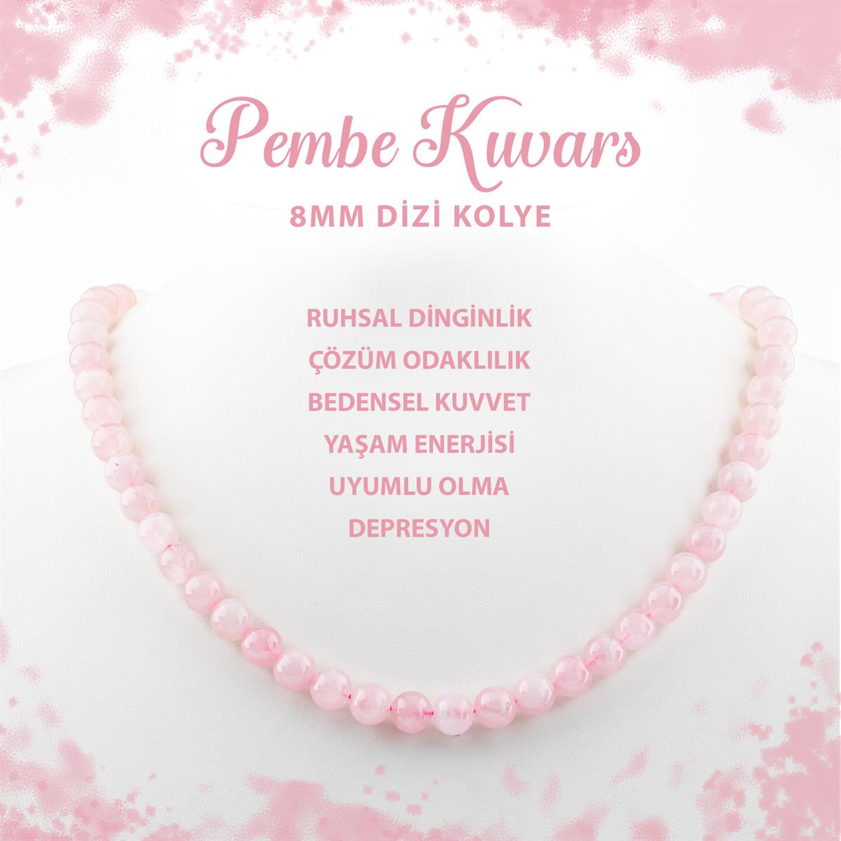 SERTİFİKALI Pembe Kuvars (Gül Kuvars) 8 mm Dizi Doğal Taş Kolye