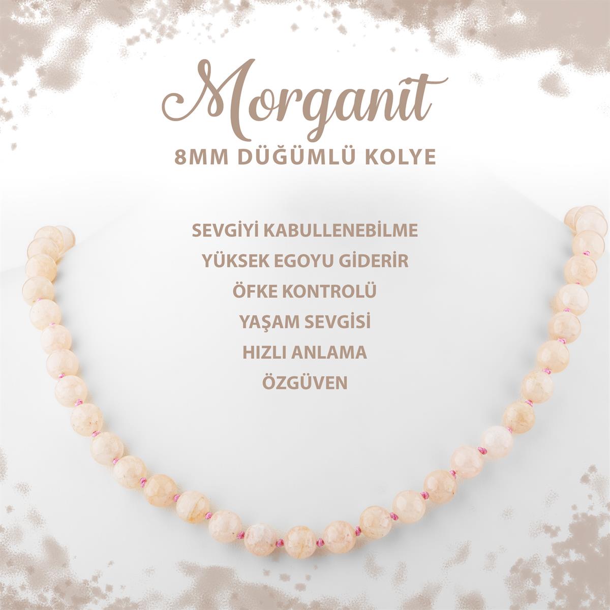 SERTİFİKALI Morganit 8 mm Düğümlü Doğal Taş Kolye