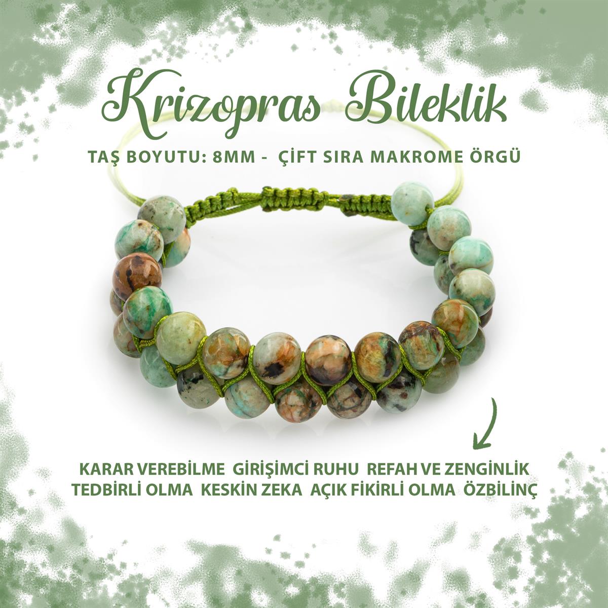 SERTİFİKALI Krizopras 8mm Çift Sıra Makrome Doğal Taş Bileklik