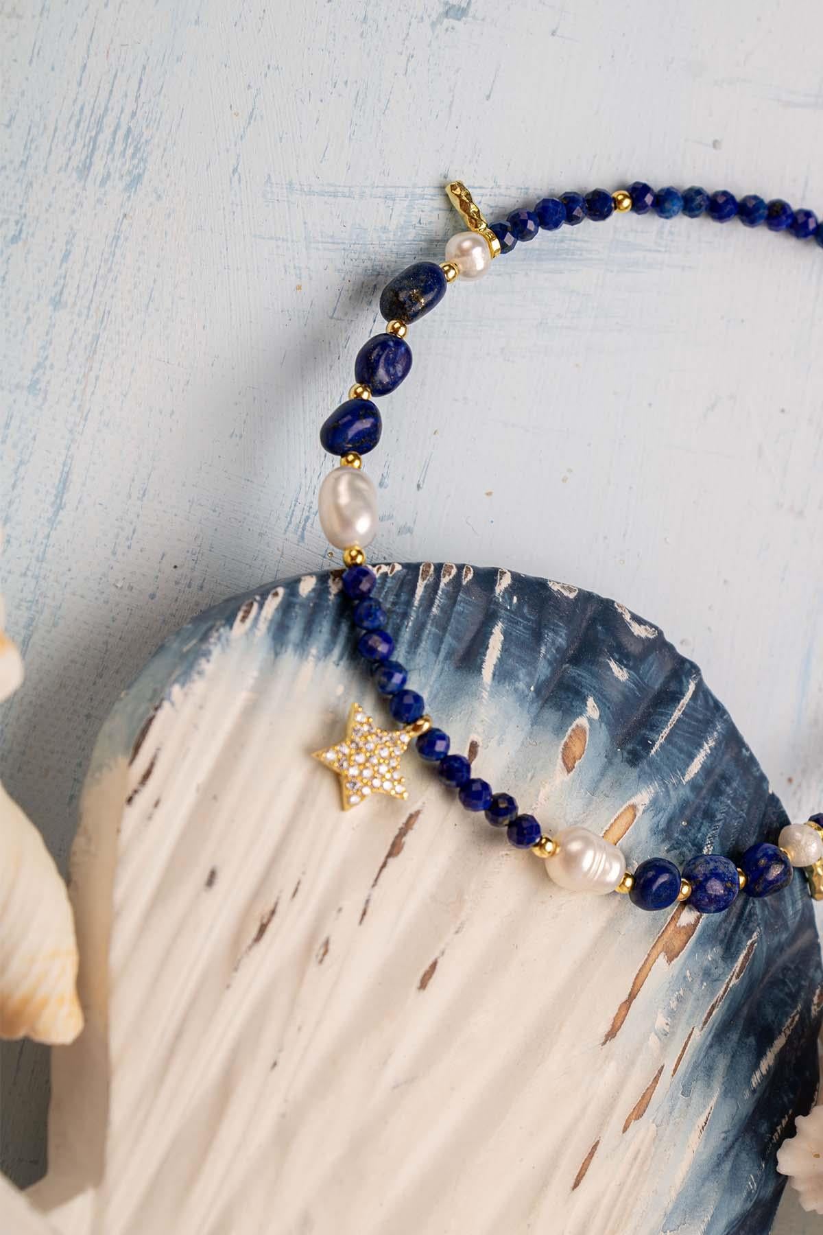 Sertifikalı Doğal Taş Lapis Lazuli - İnci 925 Ayar Gümüş Charm Halhal