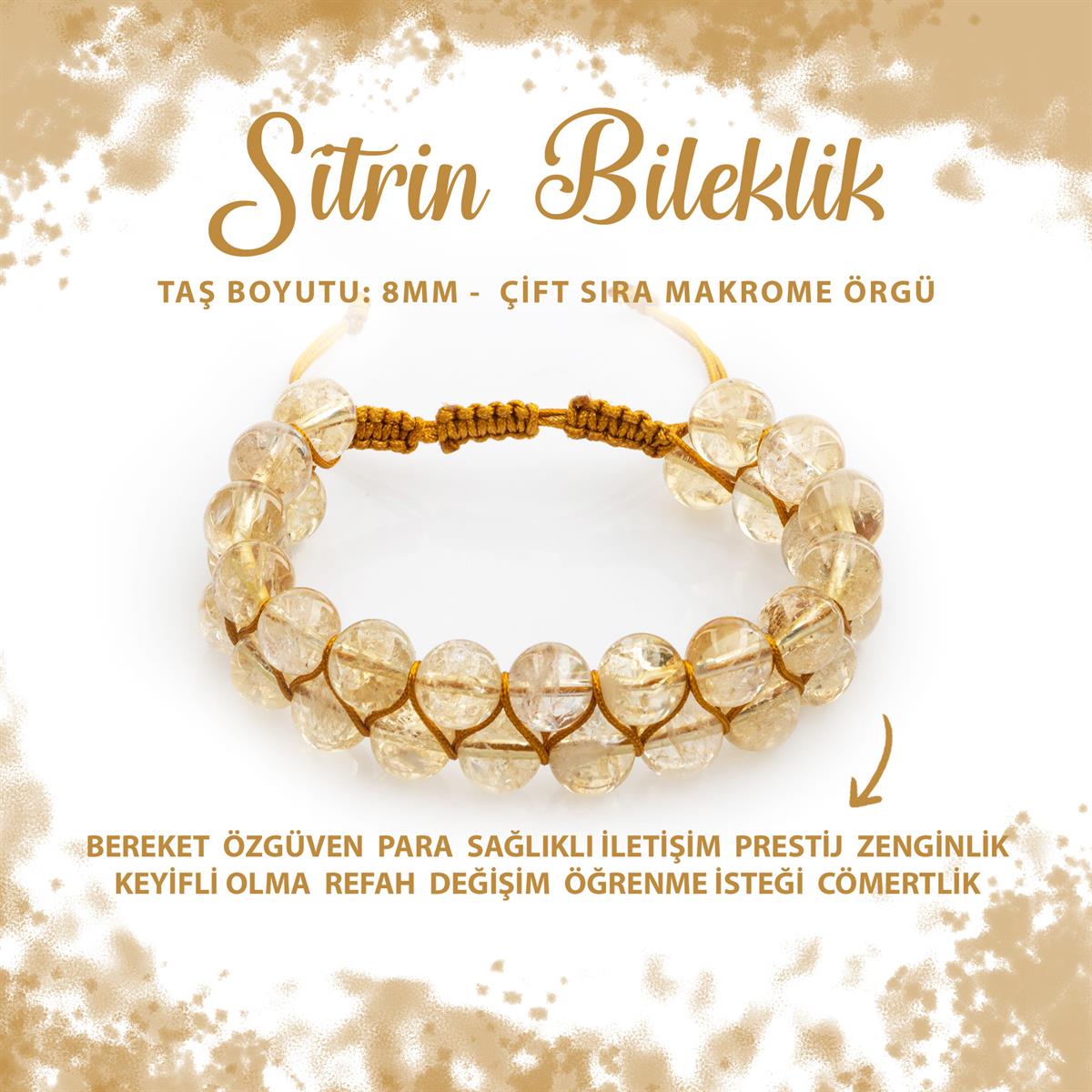SERTİFİKALI Sitrin 8mm Çift Sıra Makrome Doğal Taş Bileklik