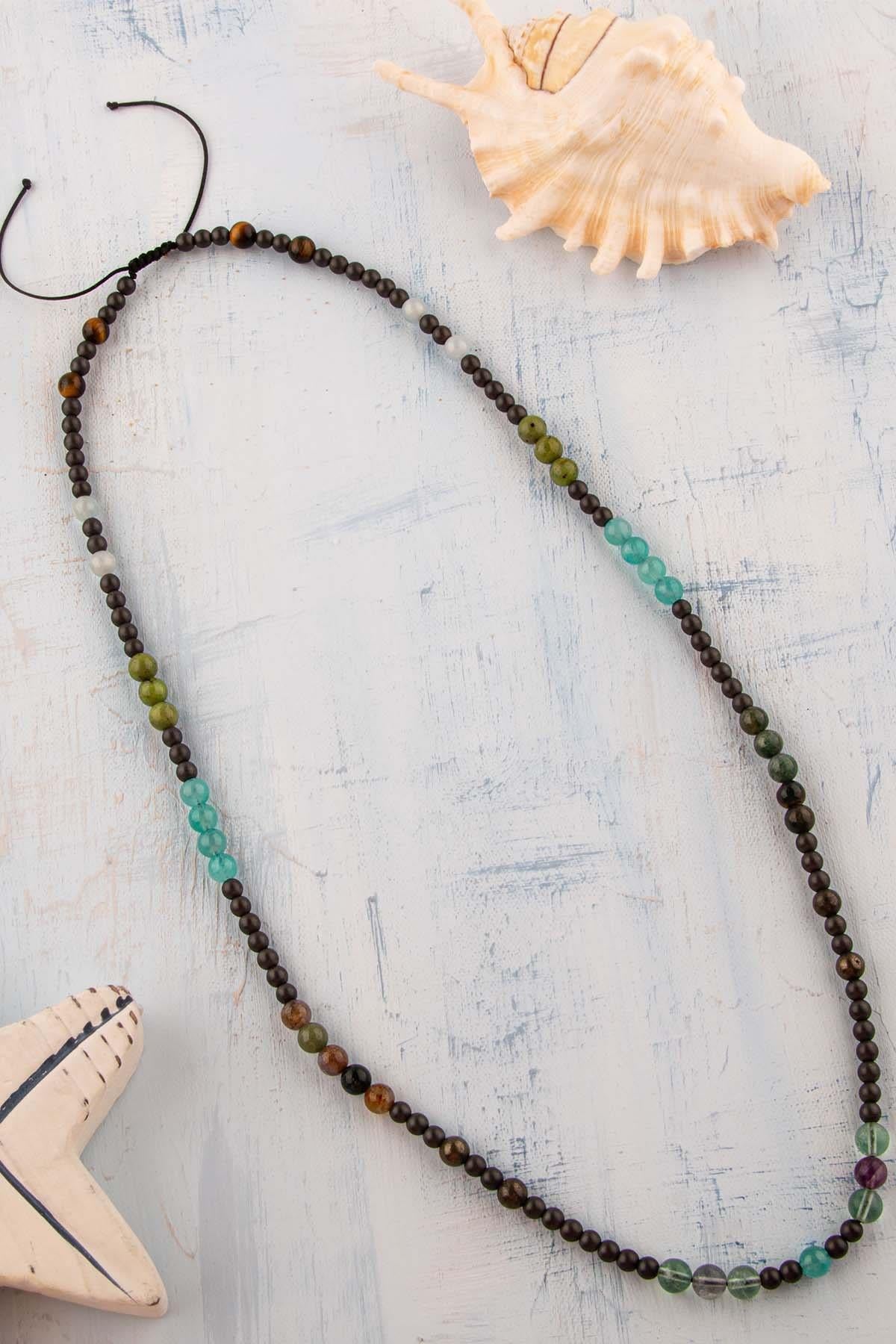 Sertifikalı Kova Burcu Doğal Taş Kolye (Kaplan Gözü-Akuamarin-Yeşim-Amazonit-Pirit-Florit-Hematit)