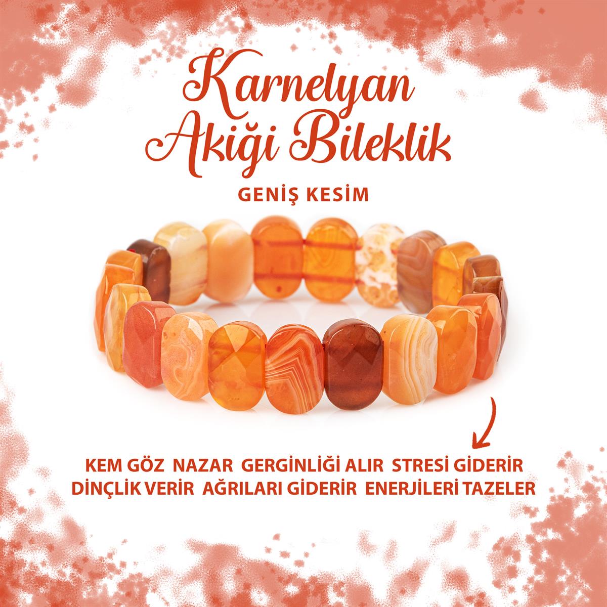 SERTİFİKALI Karnelyan Akik Doğal Taş Geniş Kesim Bileklik