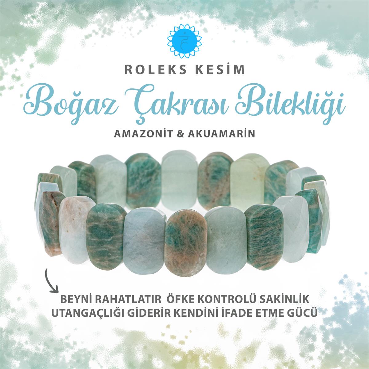 SERTİFİKALI Boğaz Çakrası Doğal Taş Geniş Kesim Bileklik