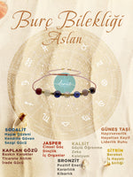 SERTİFİKALI Doğal Taş Aslan Burç Bilekliği Sodalit-Kaplan Gözü-Jasper-Kalsit-Bronzit-Sitrin-Güneş Taşı