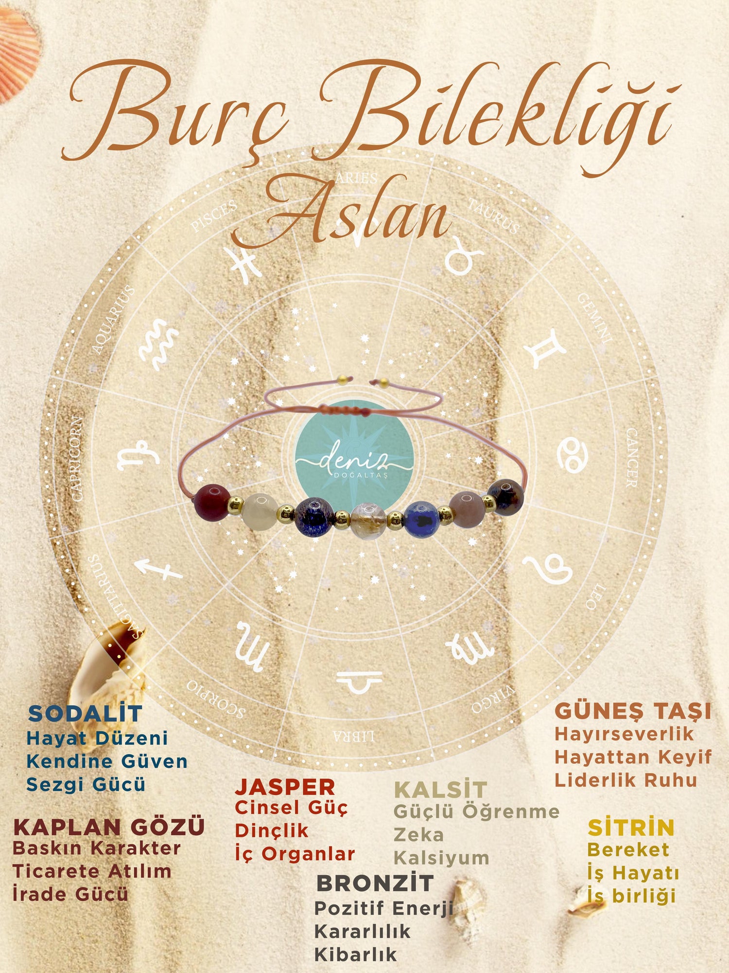 SERTİFİKALI Doğal Taş Aslan Burç Bilekliği Sodalit-Kaplan Gözü-Jasper-Kalsit-Bronzit-Sitrin-Güneş Taşı