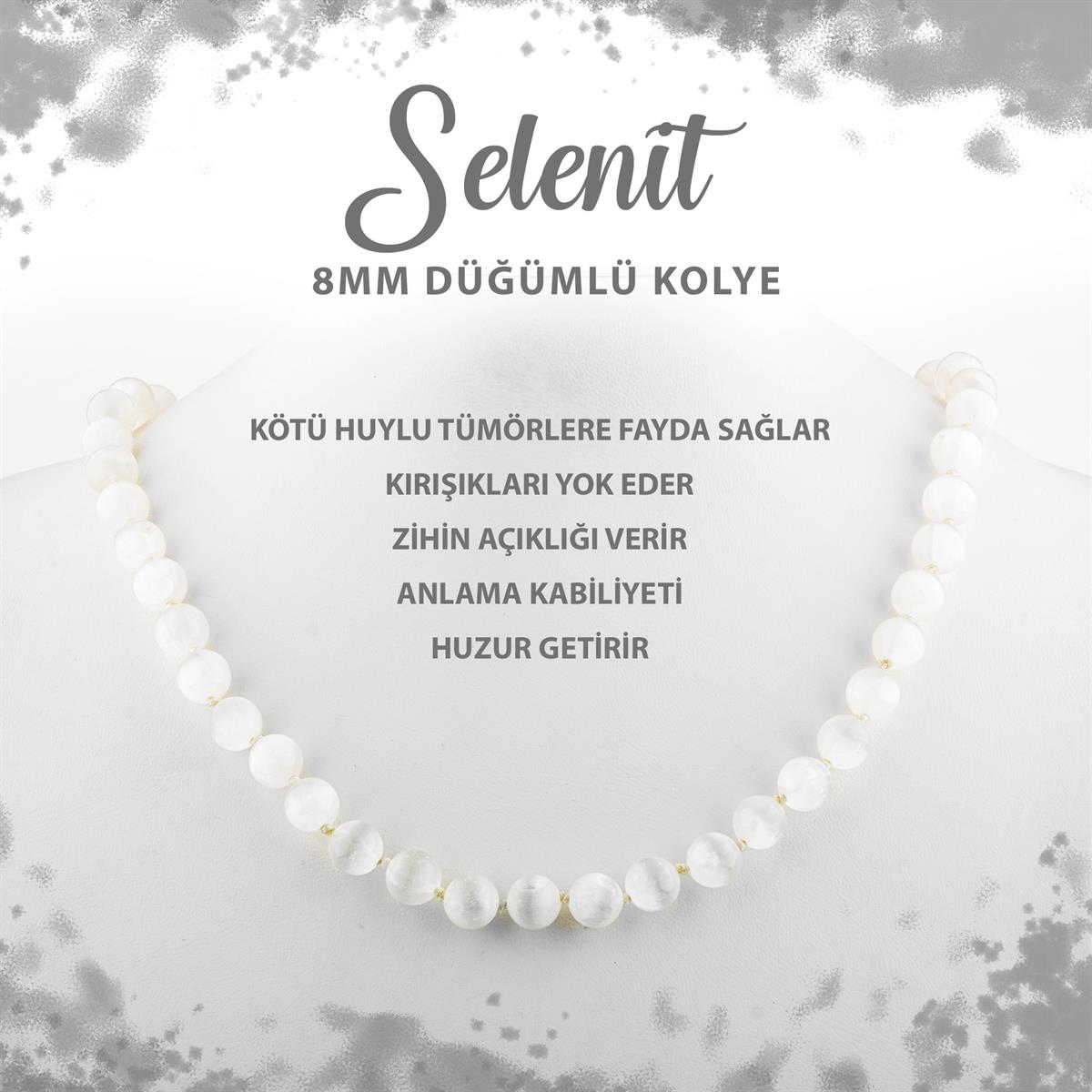 SERTİFİKALI Selenit 8 mm Düğümlü Doğal Taş Kolye