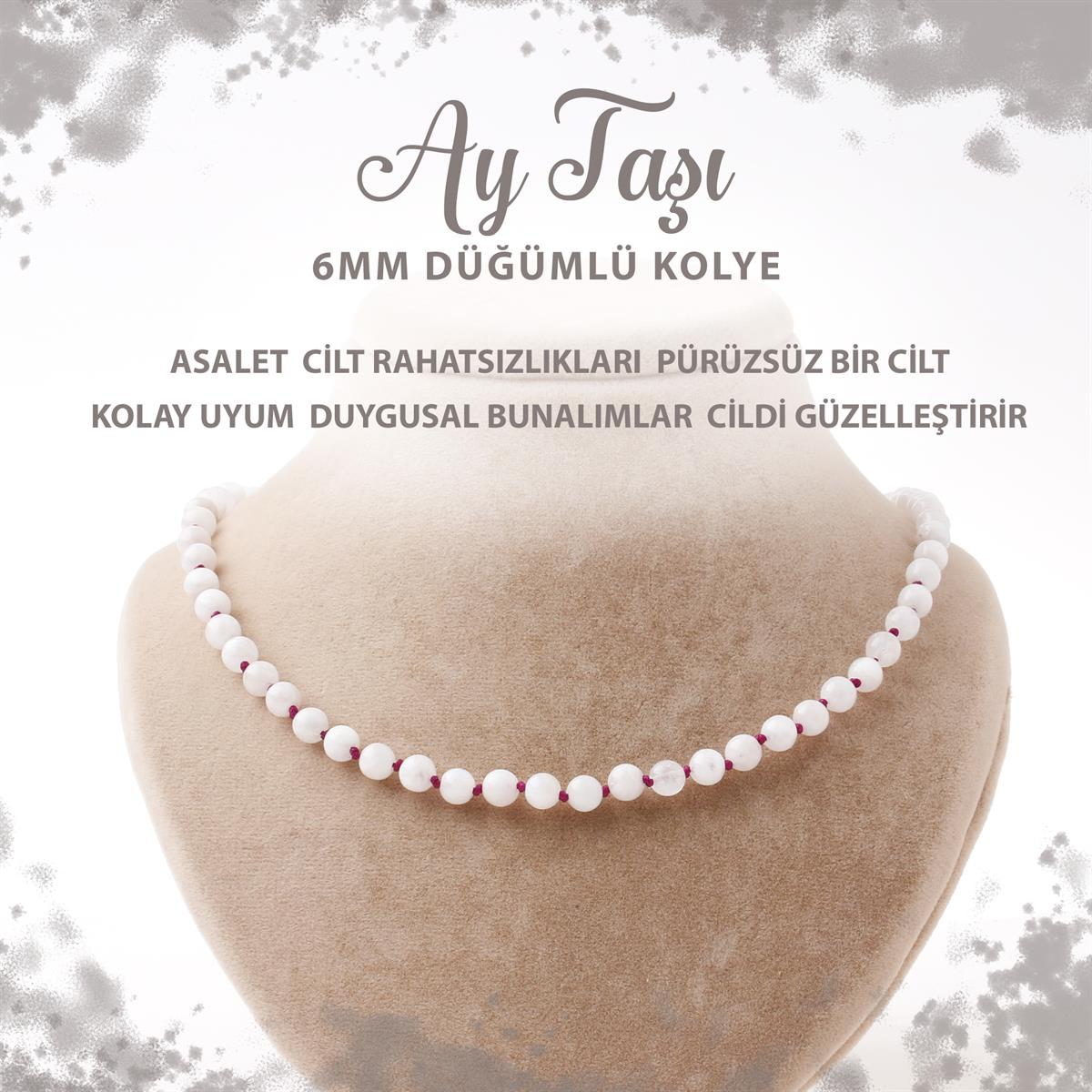 SERTİFİKALI Ay Taşı 6 mm Düğümlü Doğal Taş Kolye