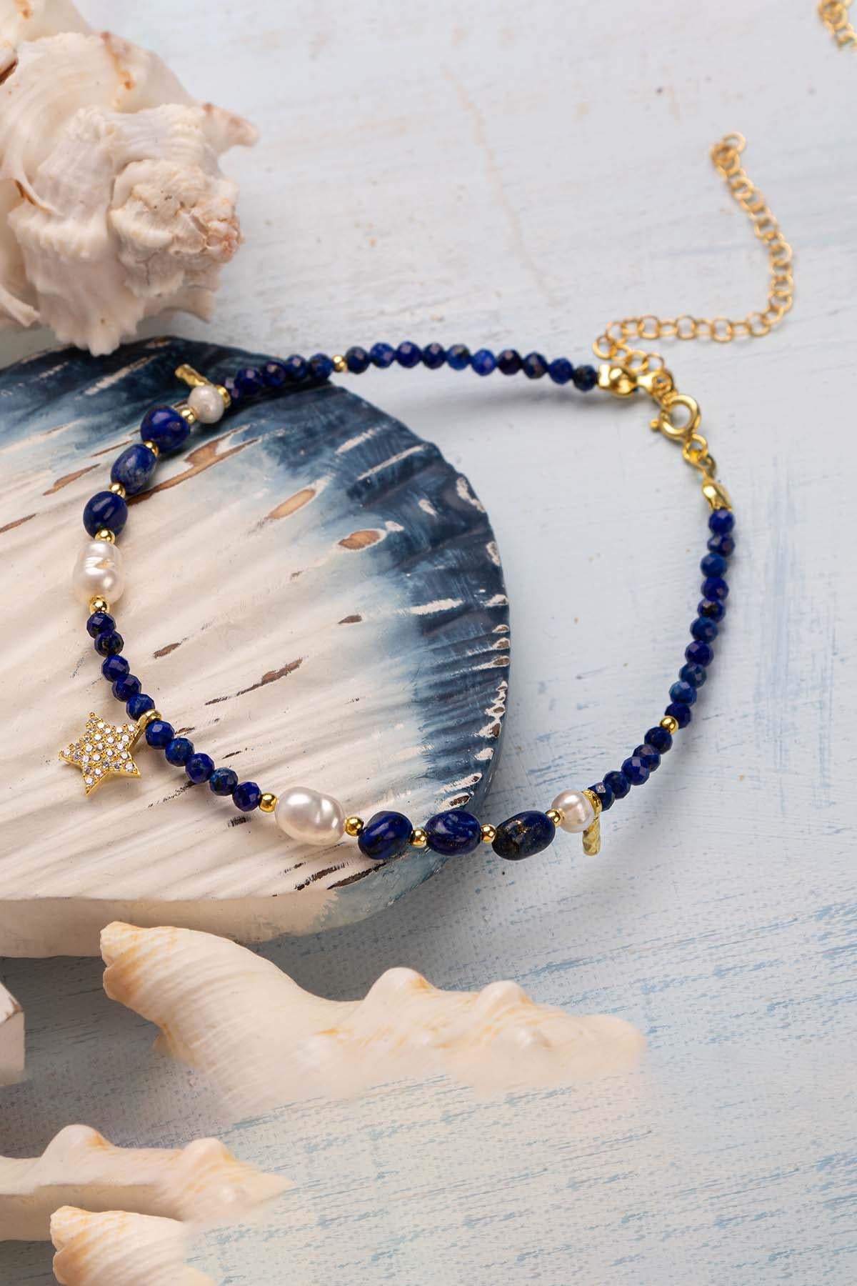Sertifikalı Doğal Taş Lapis Lazuli - İnci 925 Ayar Gümüş Charm Halhal