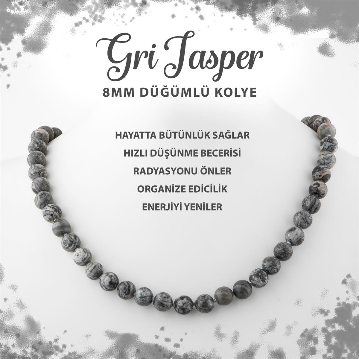 SERTİFİKALI Gri Jasper 8 mm Düğümlü Doğal Taş Kolye