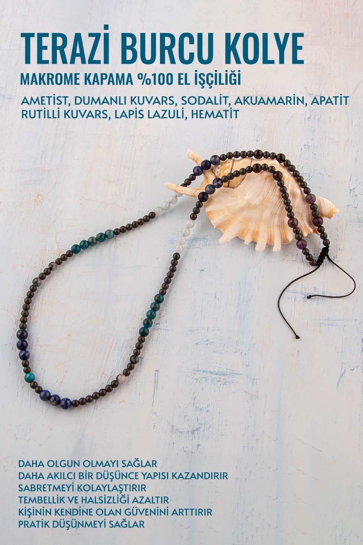 Sertifikalı Terazi Burcu Doğal Taş Kolye (Ametist-Kuvars-Sodalit-Akuamarin-Apatit-Rutilli Kuvars)
