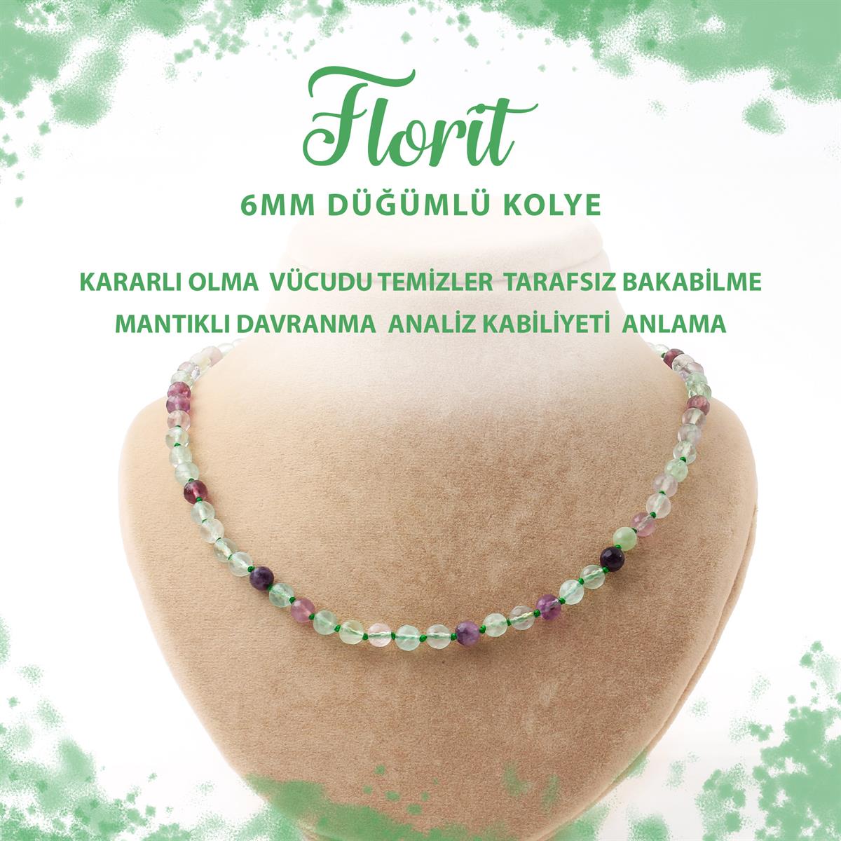 SERTİFİKALI Yeşil Florit 6 mm Düğümlü Doğal Taş Kolye