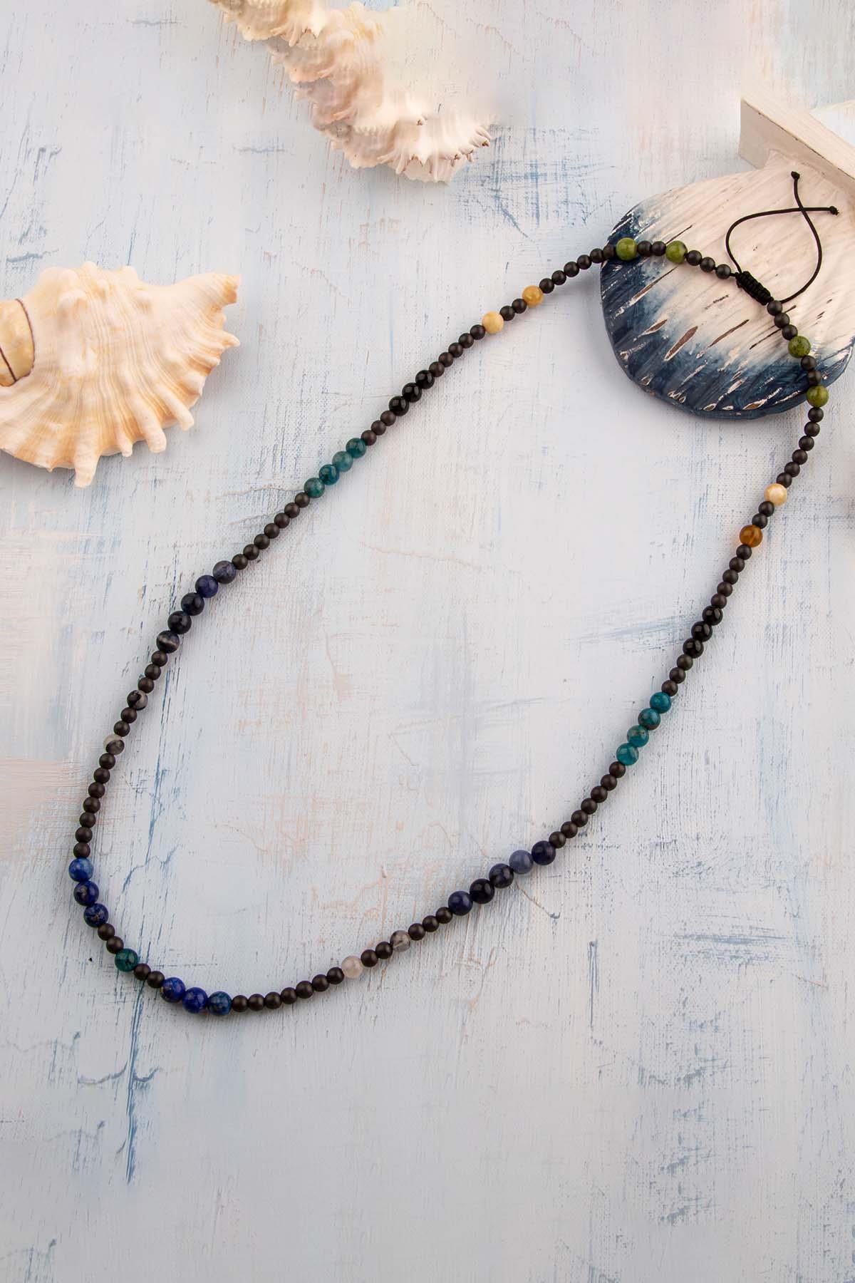 Sertifikalı Boğa Burcu Doğal Taş Kolye  (Yeşim-Opal-Turmalin-Apatit-Lapis Lazuli-Sodalit-Kuvars)