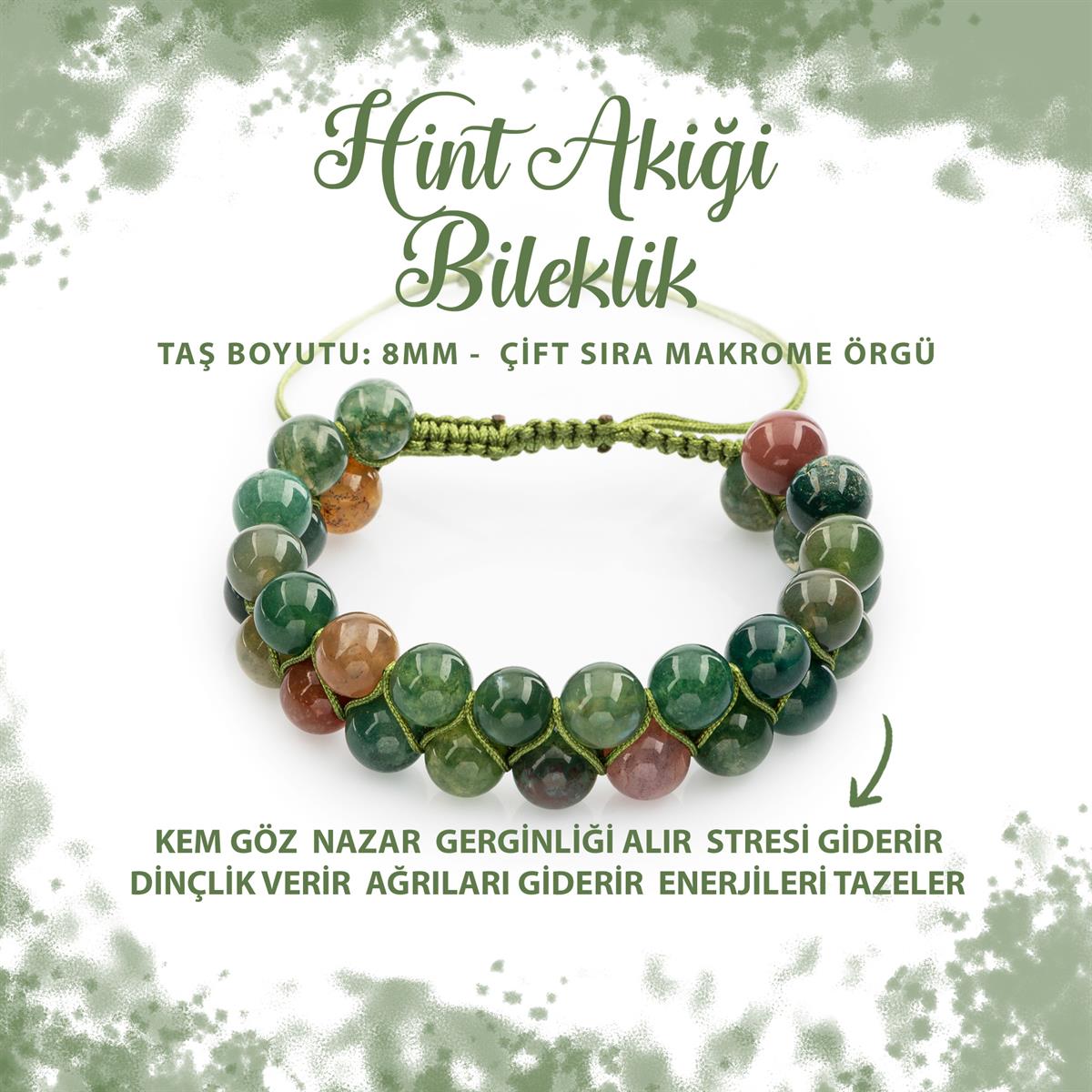 SERTİFİKALI Hint Akiği 8mm Çift Sıra Makrome Doğal Taş Bileklik