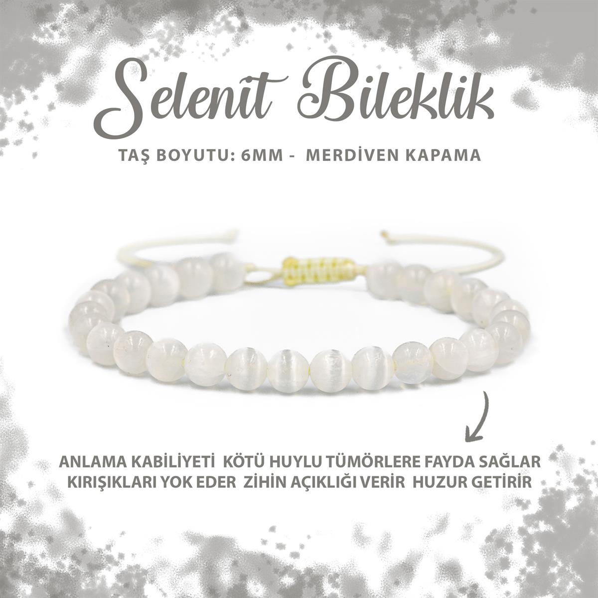 SERTİFİKALI Selenit 6mm Merdiven Kapama Doğal Taş Bileklik