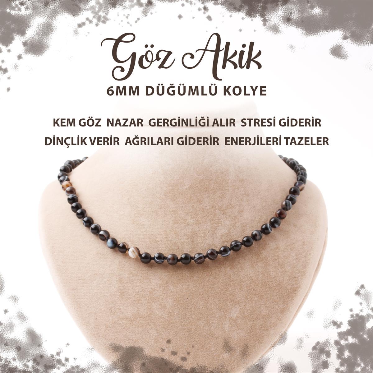 SERTİFİKALI Kahve Göz Akik 6 mm Düğümlü Doğal Taş Kolye