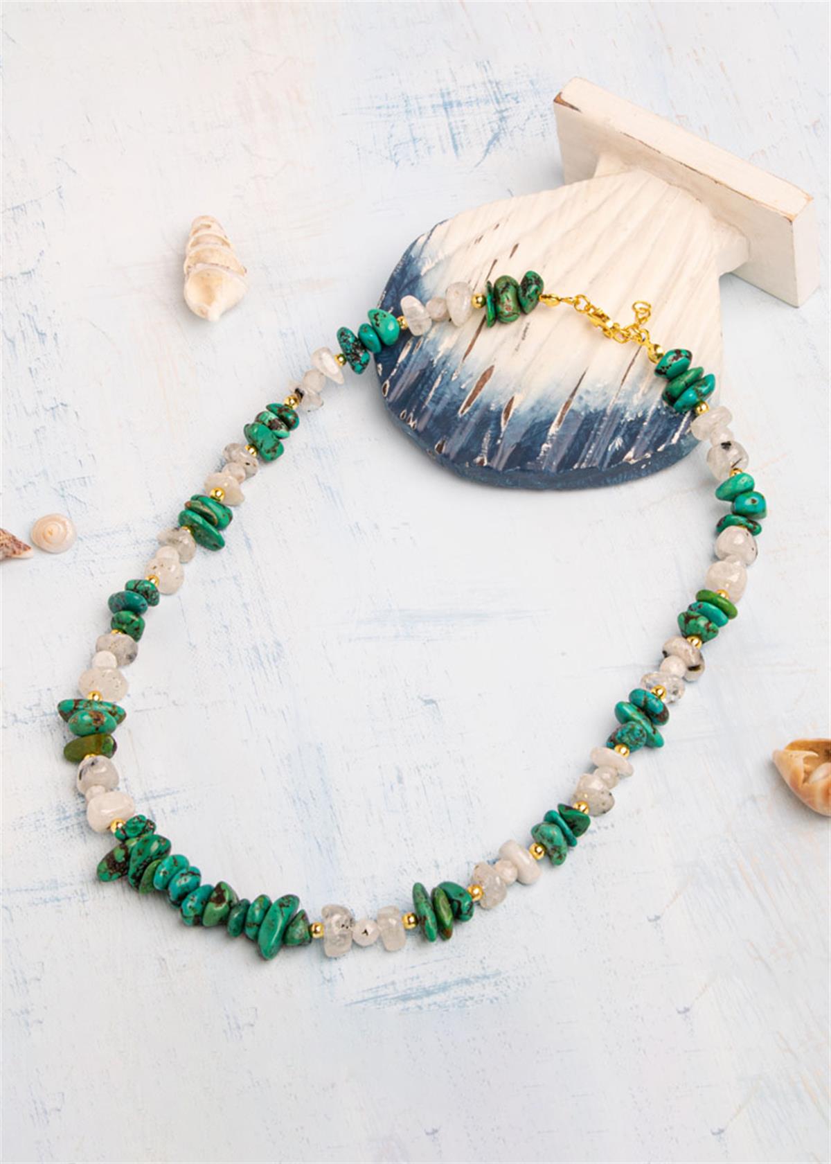 SERTİFİKALI ORJİNAL HAKİKİ TURKUAZ (FİRUZE) &amp; AY TAŞI DOĞAL TAŞLI GÜMÜŞ KAPAMA KOLYE