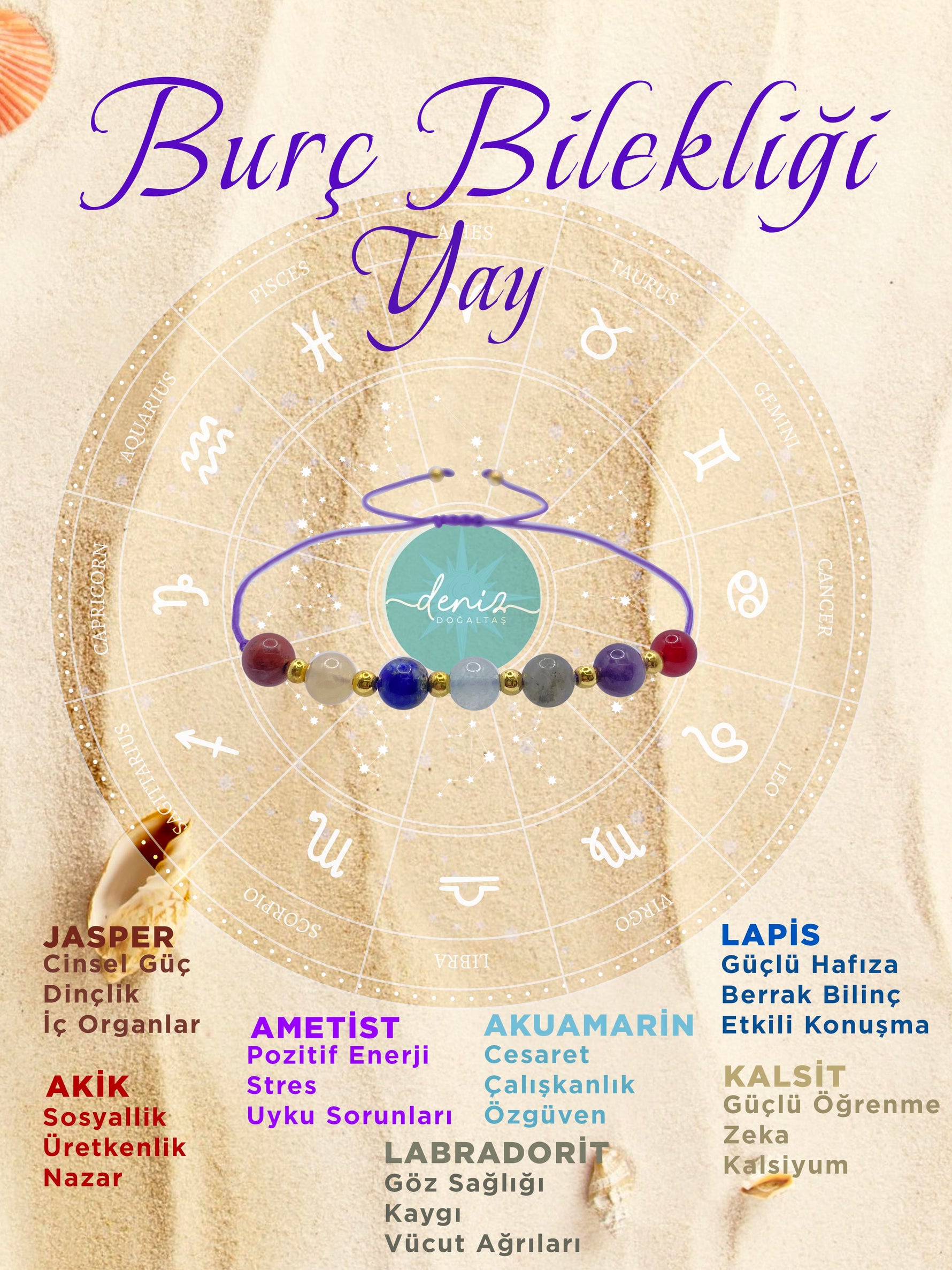 SERTİFİKALI Doğal Taş Yay Burç Bilekliği Jasper-Ametist-Akik-Akuamarin-Labradorit-Kalsit-Lapis