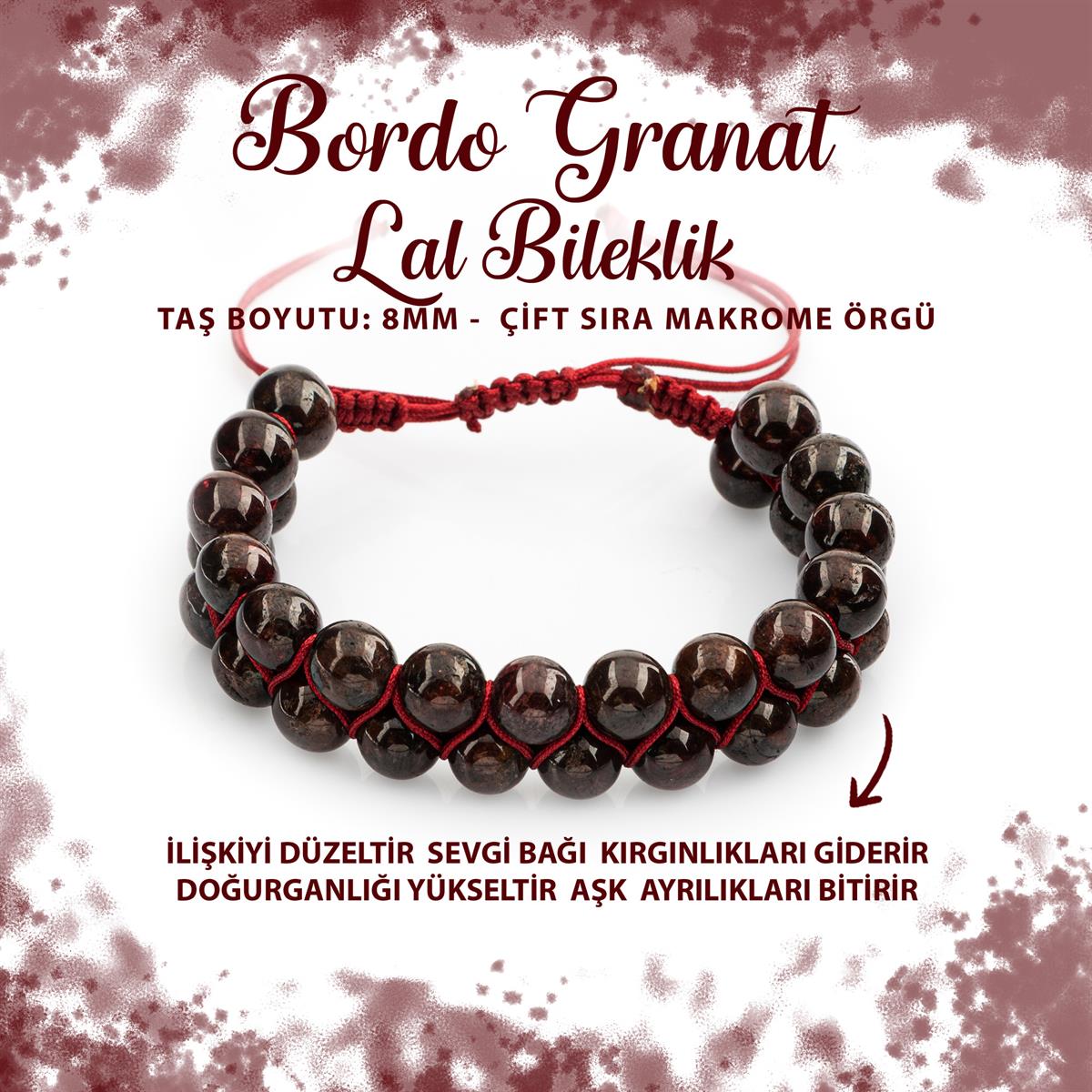 SERTİFİKALI Bordo Granat Lal 8mm Çift Sıra Makrome Doğal Taş Bileklik
