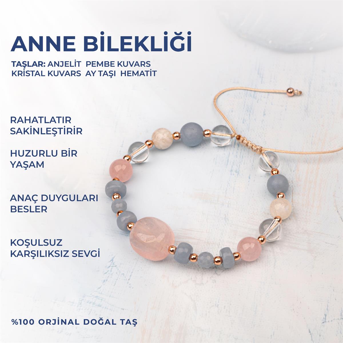 Doğal Taşlı Anne Bilekliği Anjelit, Pembe kuvars, Kristal Kuvars, Ay taşı, Anneler Günü Hediyesi