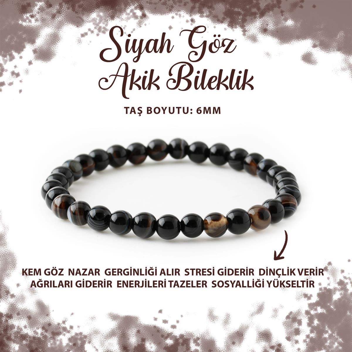 SERTİFİKALI Siyah Göz Akik 6mm Doğal Taş Bileklik