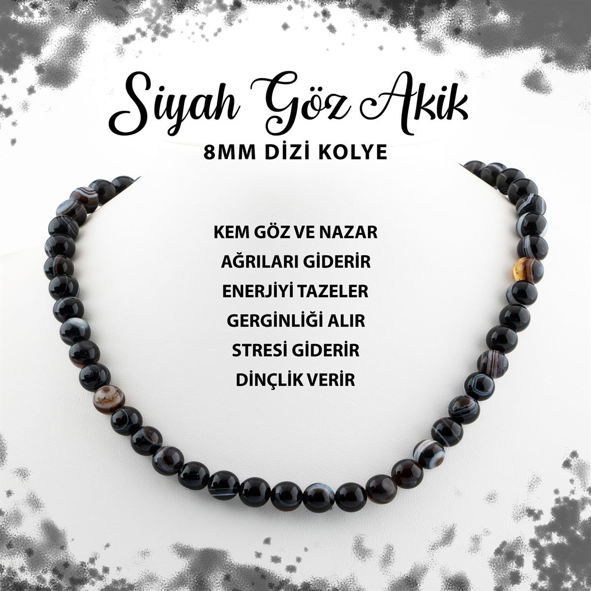 SERTİFİKALI Siyah Göz Akik 8 mm Dizi Doğal Taş Kolye