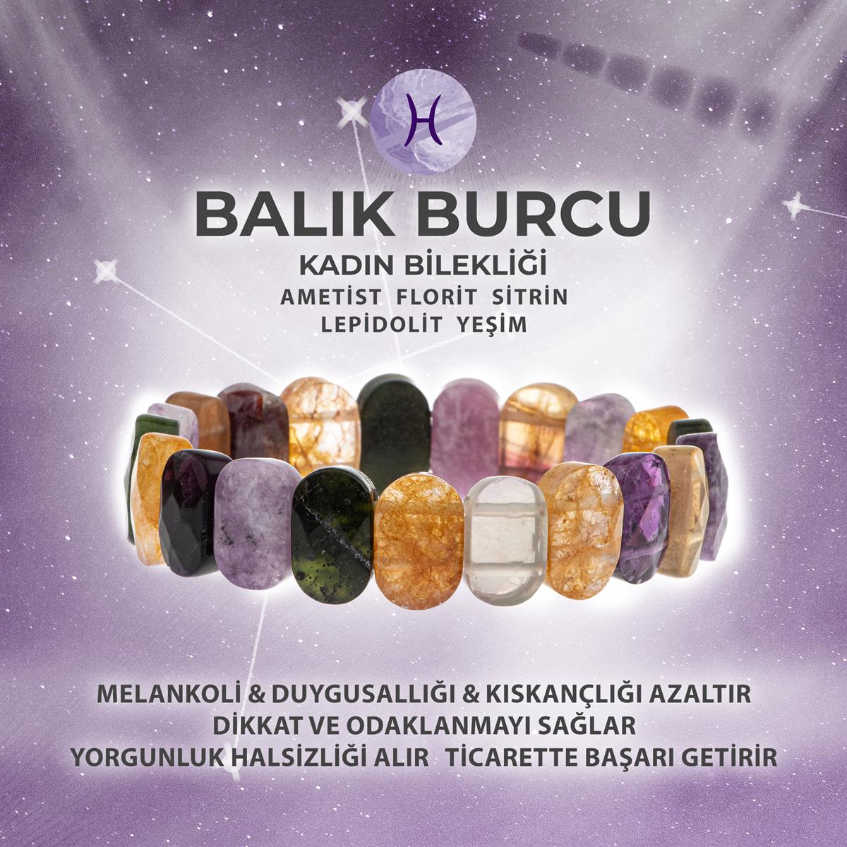 SERTİFİKALI Balık Burcu Doğal Taş Geniş Kesim Kadın Bileklik