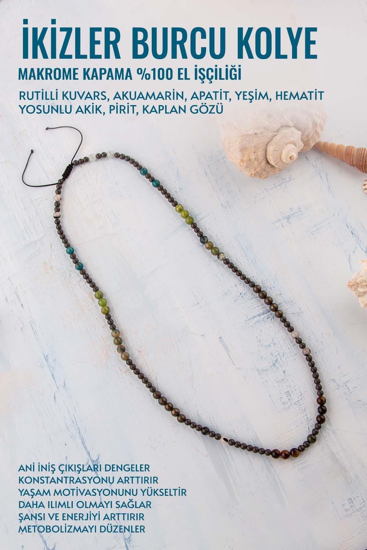 Sertifikalı İkizler Burcu Doğal Taş Kolye (Kuvars-Akuamarin-Apatit-Yeşim-Hematit-Yosunlu Akik-Pirit)