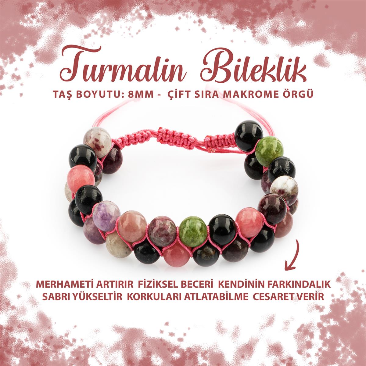 SERTİFİKALI Renkli Turmalin 8mm Çift Sıra Makrome Doğal Taş Bileklik
