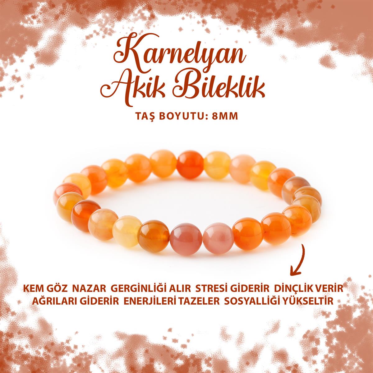 SERTİFİKALI Karnelyan Akik 8mm Doğal Taş Bileklik